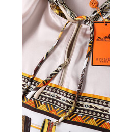 Replica Hermes Brown Scarf Print Pleated Dress