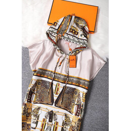 Replica Hermes Brown Scarf Print Pleated Dress