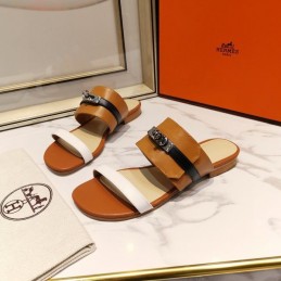 Replica Hermes Brown White H Cutout Slide Sandal