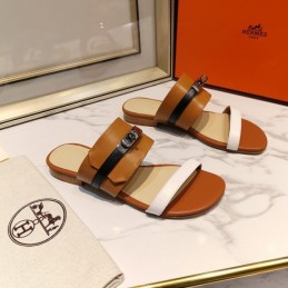Replica Hermes Brown White H Cutout Slide Sandal
