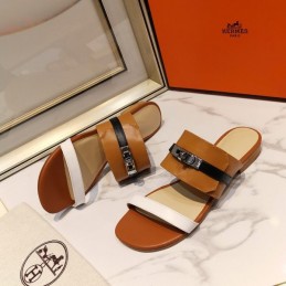 Replica Hermes Brown White H Cutout Slide Sandal