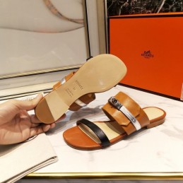 Replica Hermes Tan Black H Cutout Slide Sandal