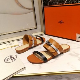Replica Hermes Tan Black H Cutout Slide Sandal