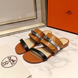 Replica Hermes Tan Black H Cutout Slide Sandal