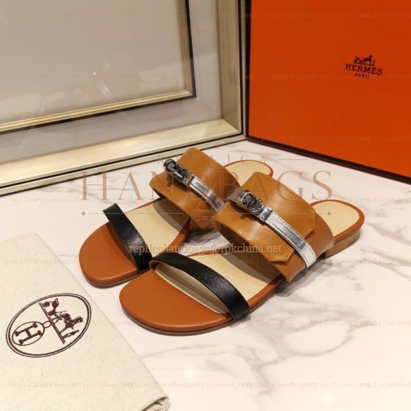 Replica Hermes Tan Black H Cutout Slide Sandal