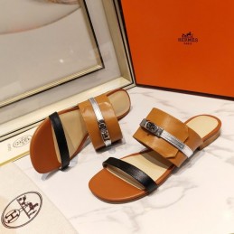 Replica Hermes Tan Black H Cutout Slide Sandal