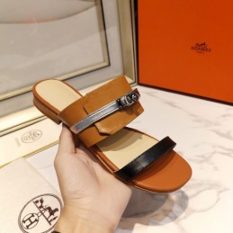 Replica Hermes Tan Black H Cutout Slide Sandal
