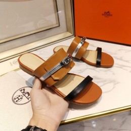 Replica Hermes Tan Black H Cutout Slide Sandal