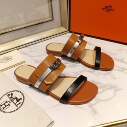 Replica Hermes Tan Black H Cutout Slide Sandal