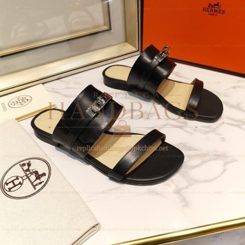 Replica Hermes Black H Cutout Slide Sandal