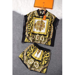 Replica Hermes Black Gold Scarf Print Shorts Set