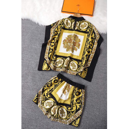 Replica Hermes Black Gold Scarf Print Shorts Set