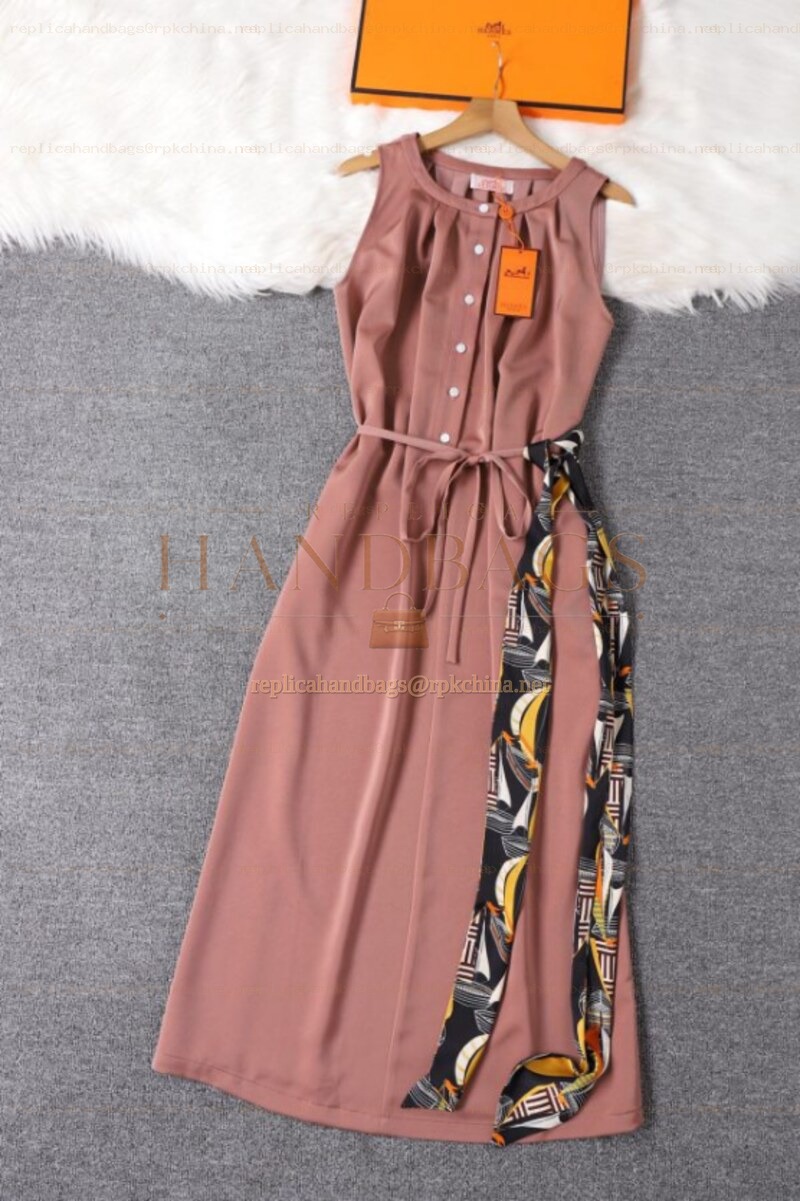 Replica Hermes Rose Pink Scarf Trim Sleeveless Dress