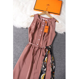 Replica Hermes Rose Pink Scarf Trim Sleeveless Dress