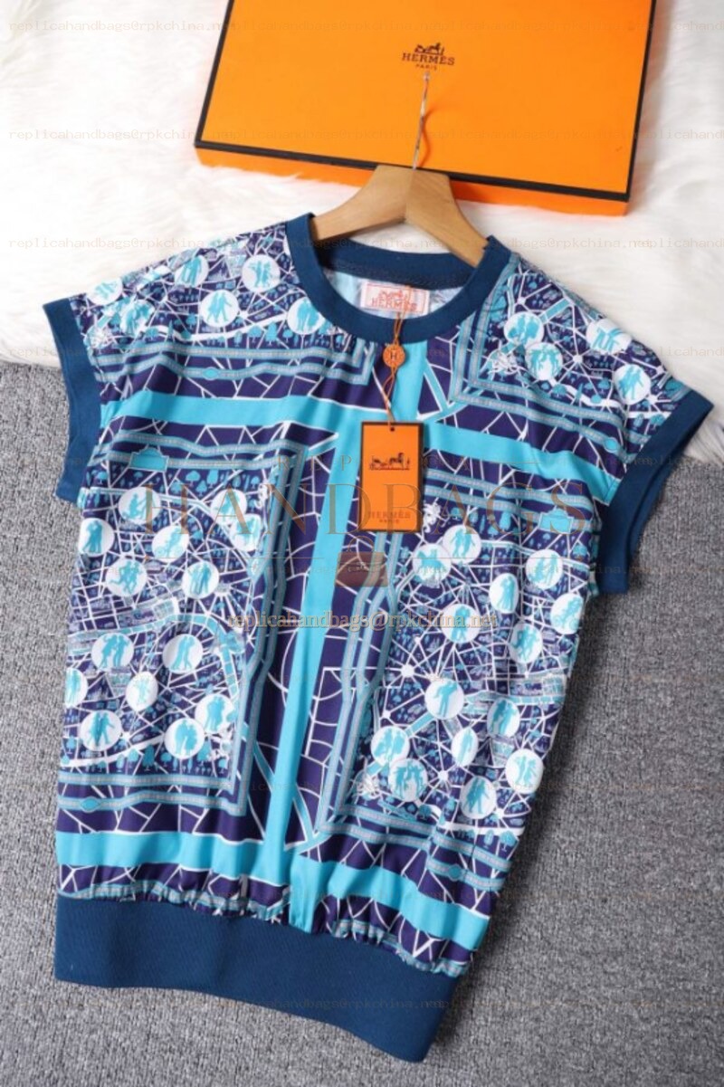 Replica Hermes Blue Scarf Print Sleeveless Shirt
