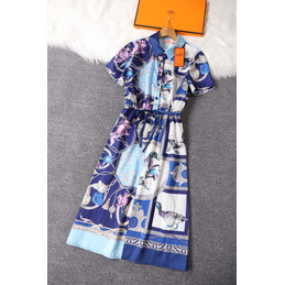 Replica Hermes Light Blue Short Sleeve Scarf Print Dress