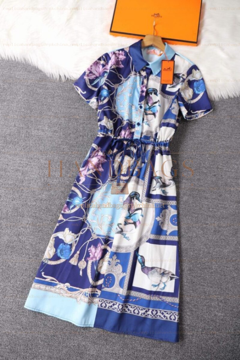 Replica Hermes Light Blue Short Sleeve Scarf Print Dress