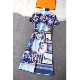 Replica Hermes Light Blue Short Sleeve Scarf Print Dress