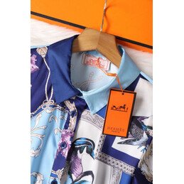 Replica Hermes Light Blue Short Sleeve Scarf Print Dress