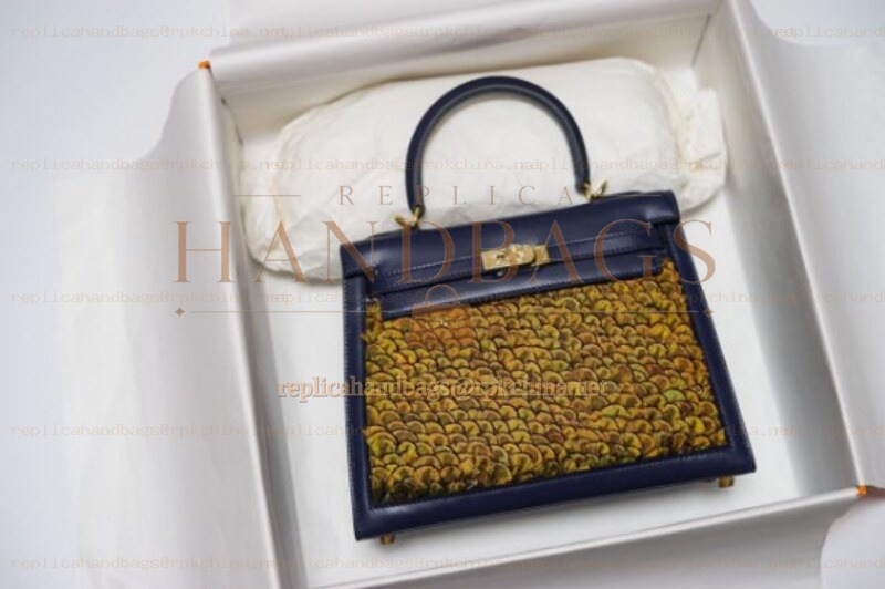 Replica Hermes Navy Blue Gold Print Kelly 25 Bag