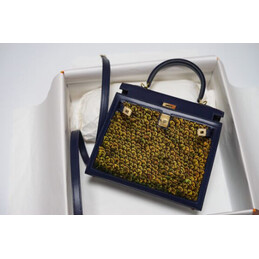 Replica Hermes Navy Blue Gold Print Kelly 25 Bag