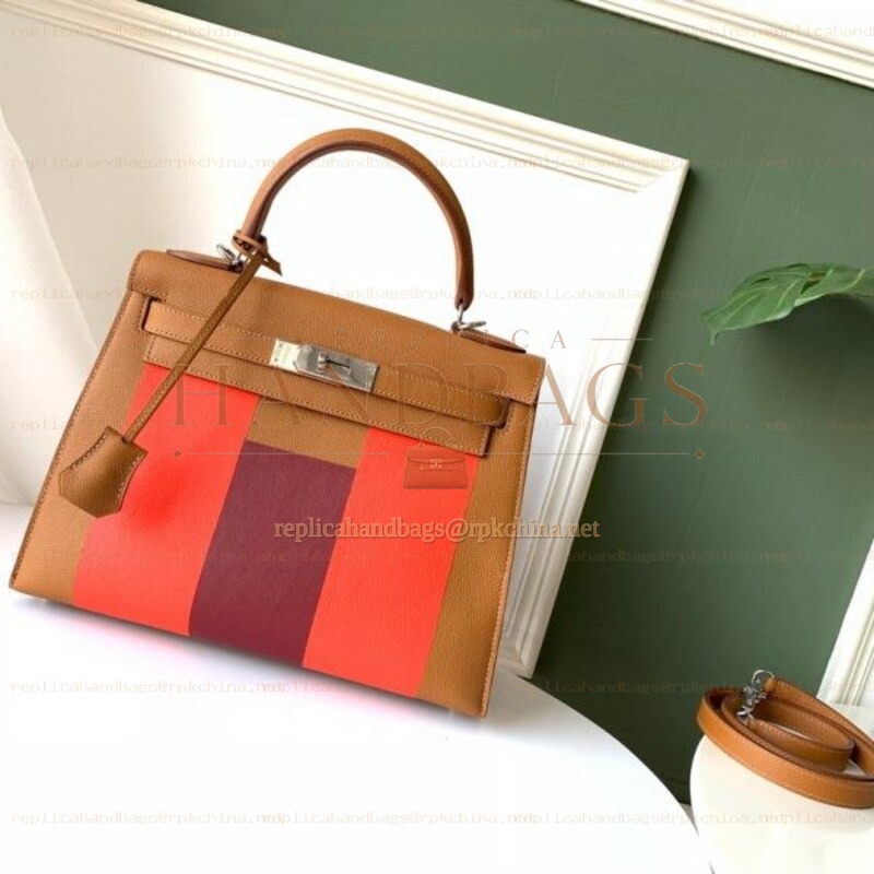 Replica Hermes Tan Coral Colorblock Kelly 28 Bag