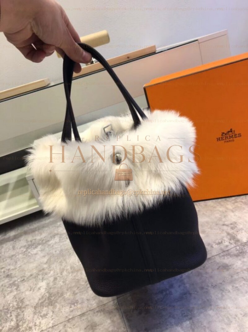 Replica Hermes Black Picotin Lock 13 Fur Trim Bag