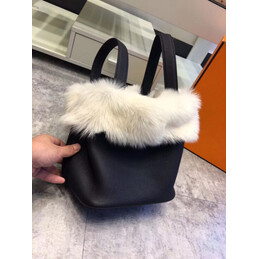 Replica Hermes Black Picotin Lock 13 Fur Trim Bag
