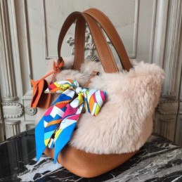 Replica Hermes Tan Picotin Lock 13 Fur Trim Twilly Bag
