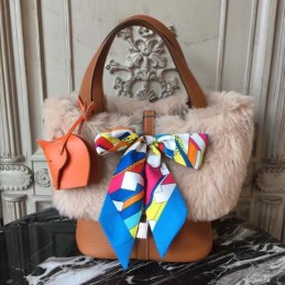 Replica Hermes Tan Picotin Lock 13 Fur Trim Twilly Bag