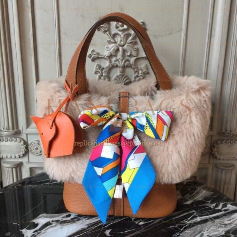 Replica Hermes Tan Picotin Lock 13 Fur Trim Twilly Bag
