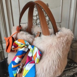 Replica Hermes Tan Picotin Lock 13 Fur Trim Twilly Bag