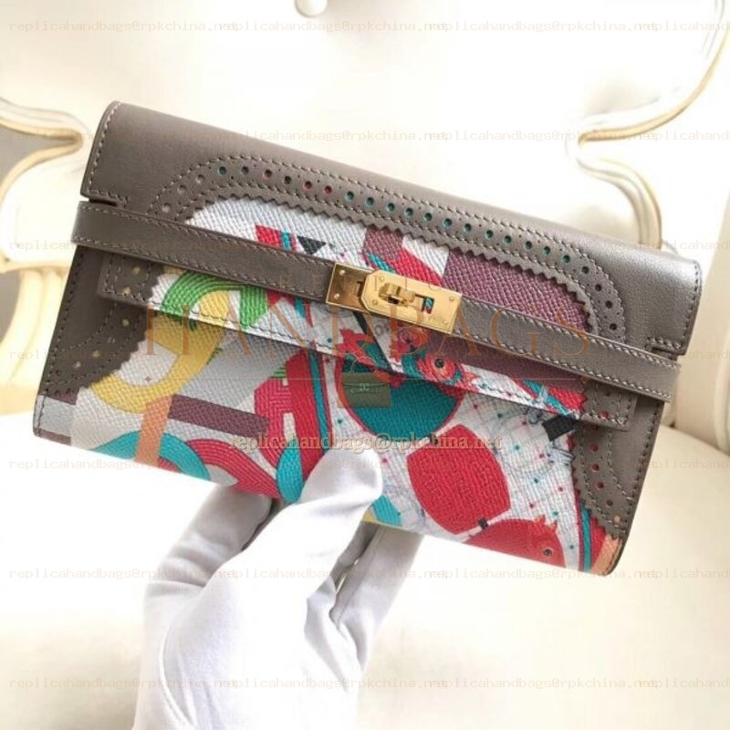 Replica Hermes Gray Kelly Wallet with Scarf Print Interior