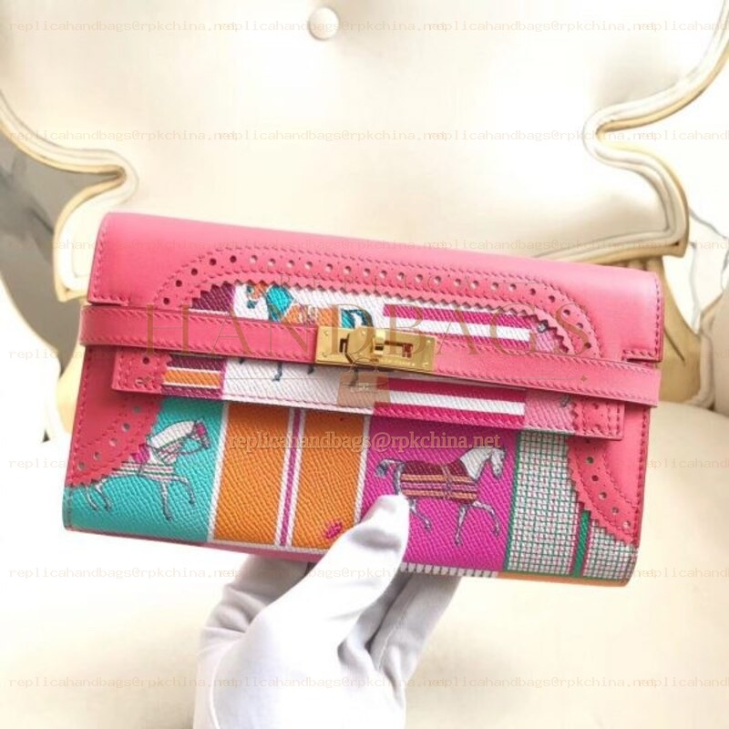 Replica Hermes Pink Kelly Wallet with Scarf Print Interior