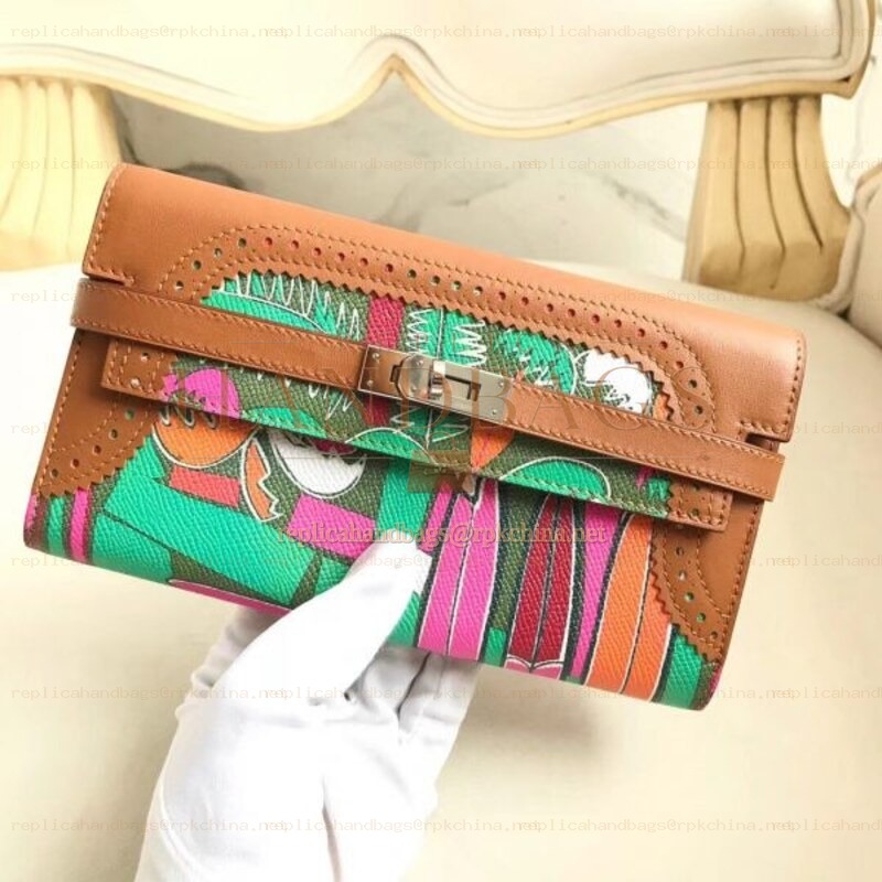 Replica Hermes Brown Kelly Wallet with Scarf Print Interior