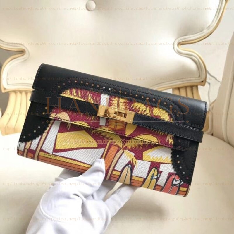 Replica Hermes Black Kelly Wallet with Scarf Print Interior