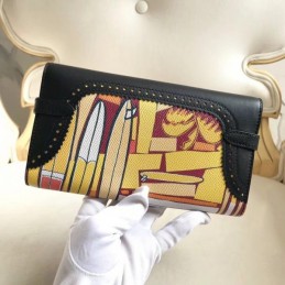 Replica Hermes Black Kelly Wallet with Scarf Print Interior