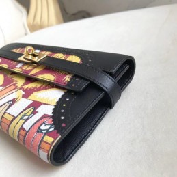 Replica Hermes Black Kelly Wallet with Scarf Print Interior