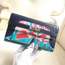 Replica Hermes Navy Blue Kelly Wallet with Scarf Print Interior