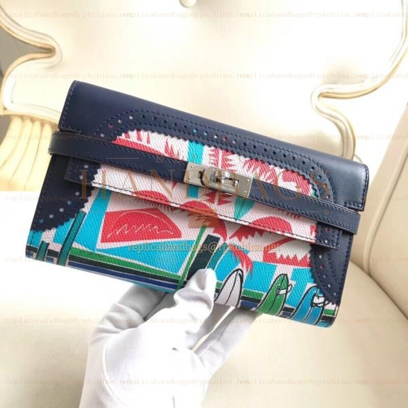Replica Hermes Navy Blue Kelly Wallet with Scarf Print Interior