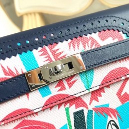 Replica Hermes Navy Blue Kelly Wallet with Scarf Print Interior