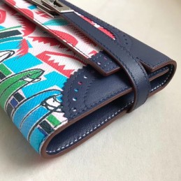 Replica Hermes Navy Blue Kelly Wallet with Scarf Print Interior