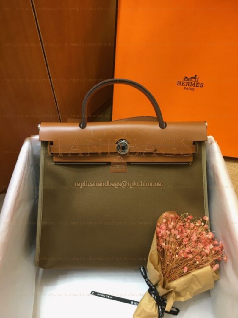 Replica Hermes Olive Green Tan Herbag Zip 31 Palladium Hardware Bag