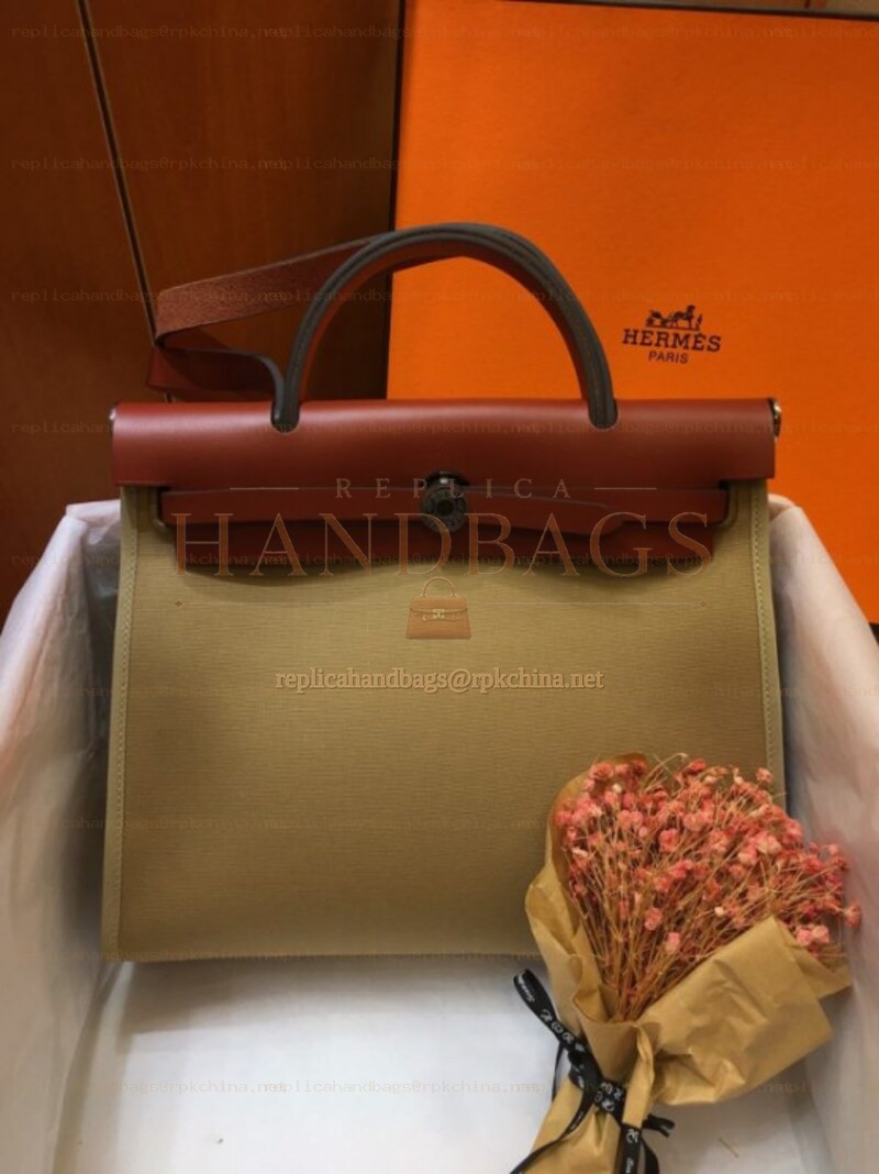 Replica Hermes Olive Green Burgundy Herbag Zip 31 Gold Hardware Bag