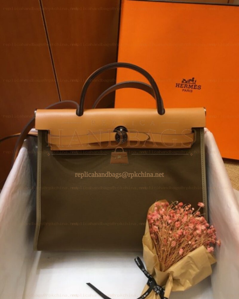 Replica Hermes Dark Olive Green Tan Herbag Zip 31 Bag