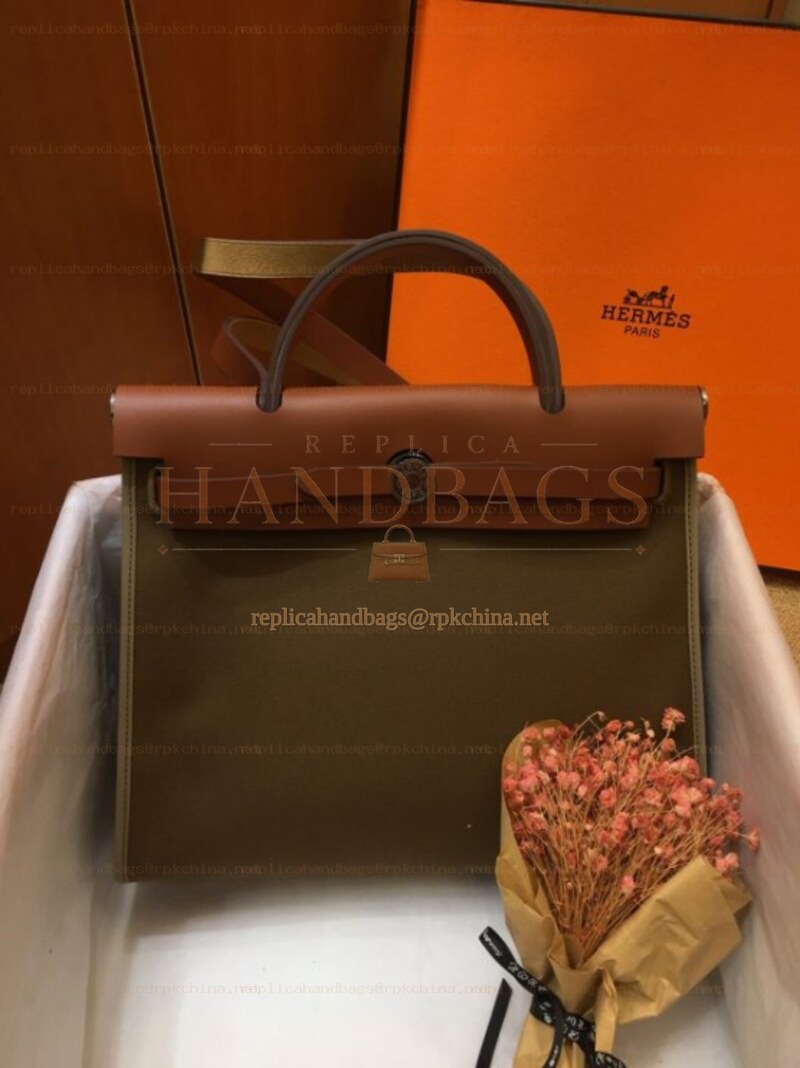 Replica Hermes Dark Olive Green Burgundy Herbag Zip 31 Bag