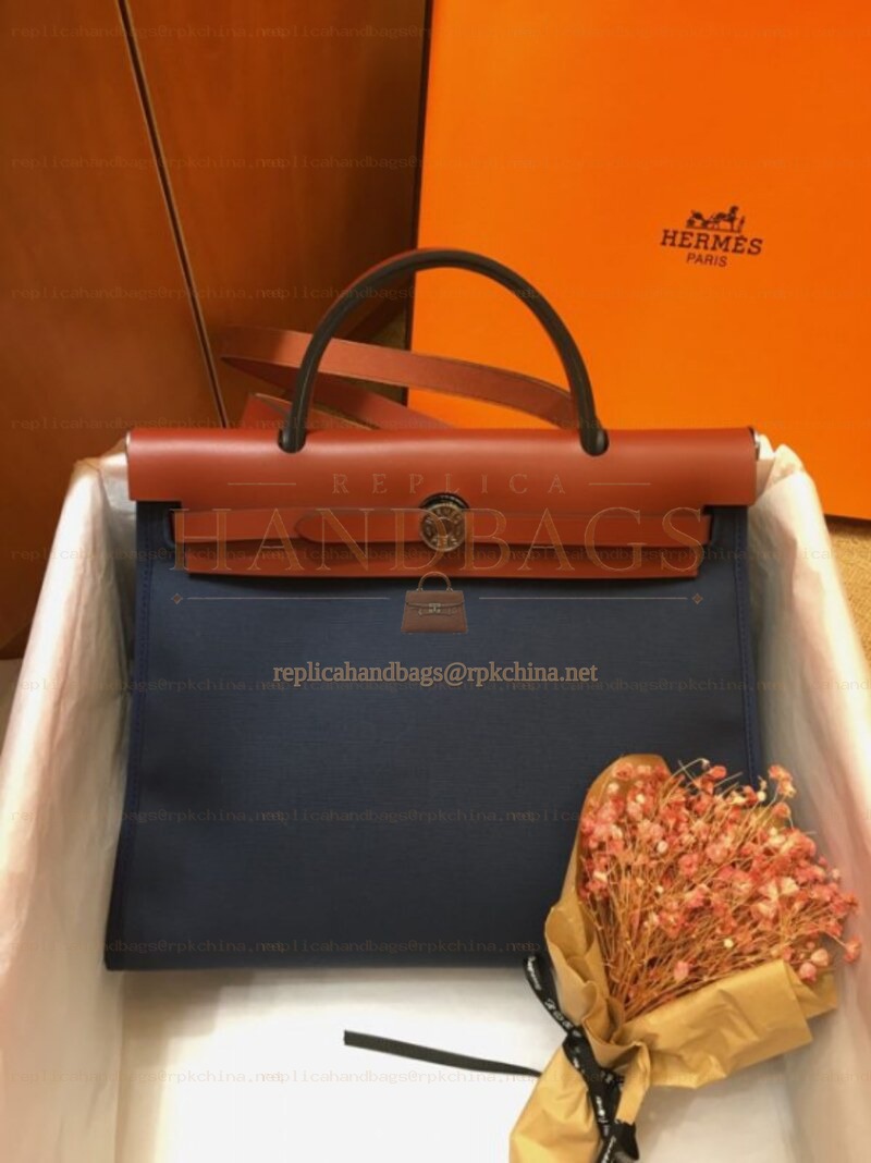 Replica Hermes Navy Blue Tan Herbag Zip 31 Bag