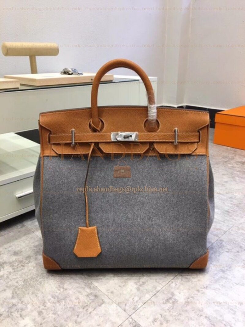 Replica Hermes Gray Felt Tan Leather Birkin 40 Bag