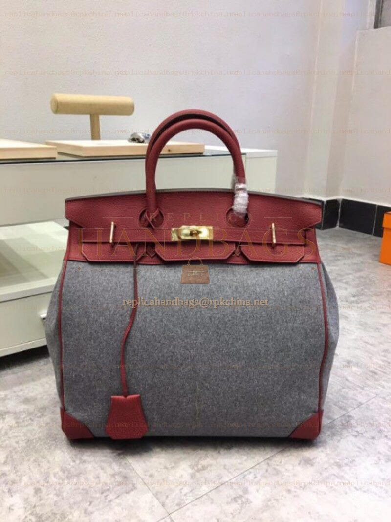 Replica Hermes Gray Felt Burgundy Leather Birkin 40 Bag