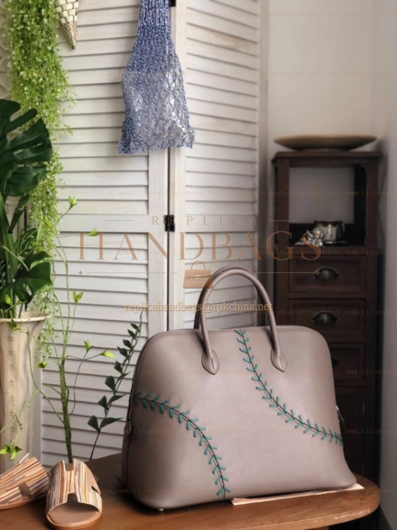 Replica Hermes Taupe Green Stitch Bolide 45 Bag